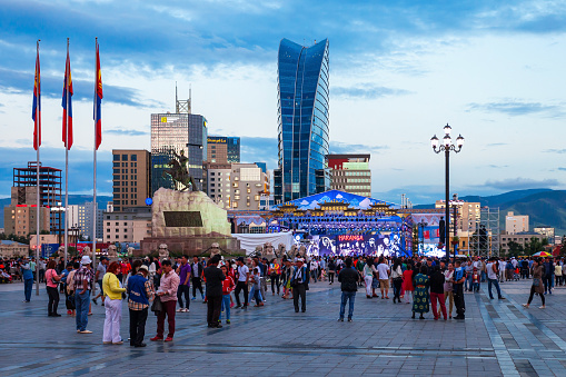ULAANBAATAR, MONGOLIA - JULY 11, 2016: Celebration of Naadam traditional festival on Chinggis Square or Sukhbaatar Square in Ulaanbaatar or Ulan Bator city, Mongolia