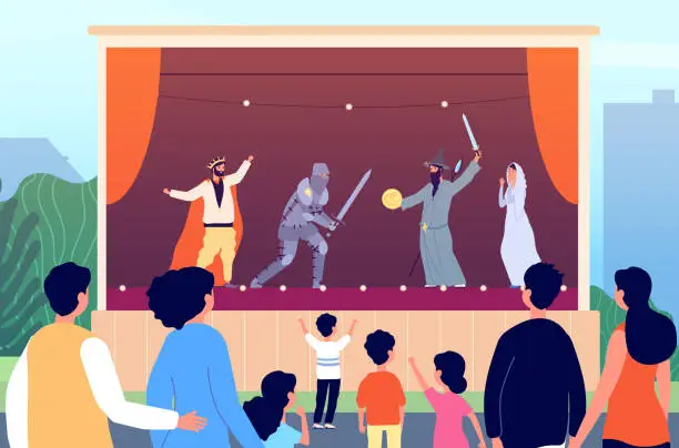 Vector illustration of Street theater. Culture entertainment, outdoor family art performance. Magician show on stage for children, park festival vector illustration