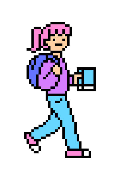 pixel art dziewczyna spaceru widok po stronie izolowane na białym tle. 8-bitowa postać kobiety z plecakiem i książką. szczęśliwa uczennica. old school vintage retro 80s-90s automat / grafika gier wideo. - female 80 plus years vertical people stock illustrations