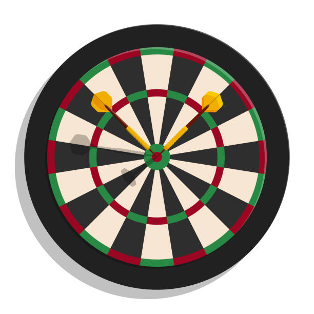 illustrazioni stock, clip art, cartoni animati e icone di tendenza di freccette di colore destinazione bordo con freccette in stile cartone animato. attrezzature per competizioni sportive. vettore - dartboard target pub sport