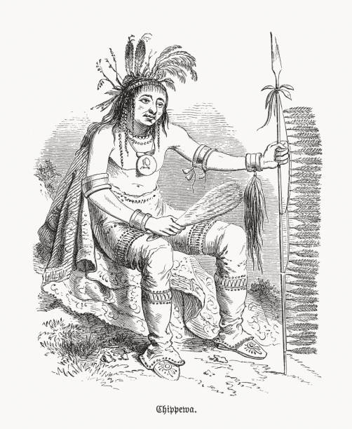 illustrations, cliparts, dessins animés et icônes de chippewa warrior (anishinaabe), native north american people, gravure sur bois, publié en 1893 - western europe europe indigenous culture traditional culture