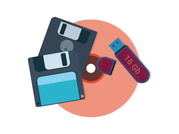 Vector illustration of Old information carriers. USB flash drive, floppy disk and CD