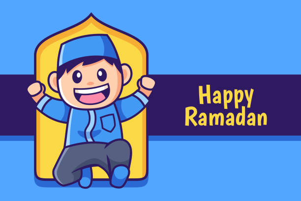 happy Ramadan cartoon muslim boy jump celebration happy Ramadan cartoon muslim boy jump cartoon of muslim costume stock illustrations