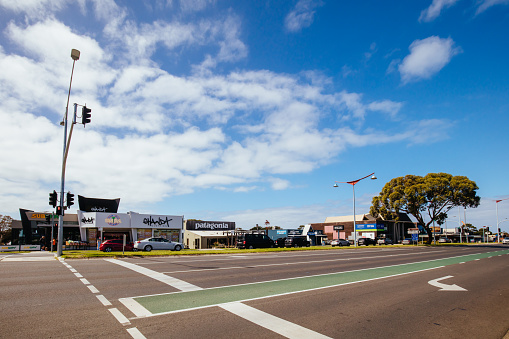 Torquay, Australia - March 6th 2021: Iconic and famous surf fashion shops on the Surf Coast Hwy in Torquay, Victoria, Australia