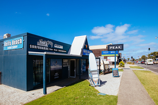 Torquay, Australia - March 6th 2021: Iconic and famous surf fashion shops on the Surf Coast Hwy in Torquay, Victoria, Australia
