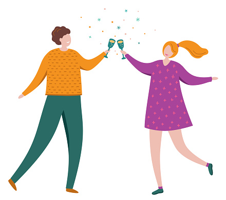 Romantic smiling couple young guy and girl are holding glasses of champagne. Cute joyful friends celebrating together, drink alcohol. Colorful vector illustration in flat cartoon style.