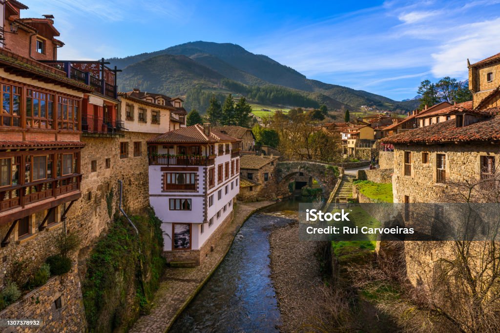 Village of Potes peaceful mountain village in the Peaks of Europe , Cantabria Spain Cantabria Stock Photo