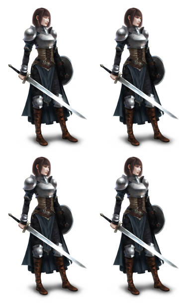 istock Female swordfighter with 4 facial expressions (smile, closed eyes, angry, surprised) 1307379657