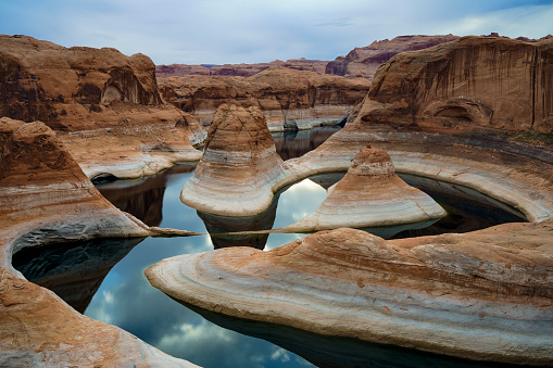 Aerial panorama view of Lake Powell near the city of Page on the border of Arizona and Utah, southwest USA.
