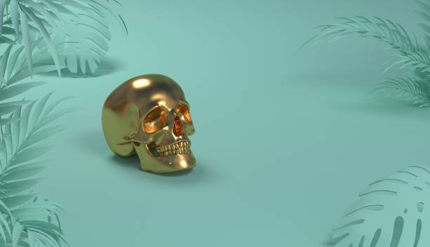 Golden skull with mint colored leaves set, computer graphic