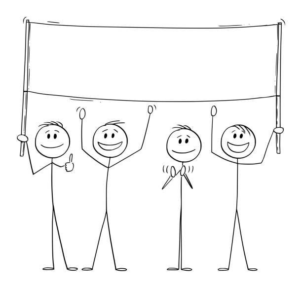 группа людей, держащих пустой знак и празднование , вектор мультфильм stick рисунок иллюстрация - men drawing cheerful friendship stock illustrations