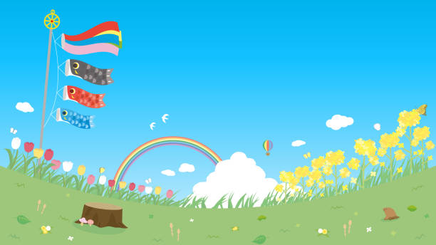 illustrazioni stock, clip art, cartoni animati e icone di tendenza di illustrazione del paesaggio per bambini - rainbow flower meadow nature