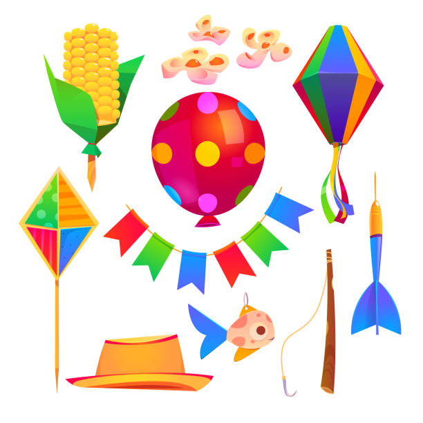 Festa Junina party cartoon elements, vector set Festa Junina party cartoon elements hat, kite, flags garland and fishing rod with hook and fish, balloon, paper lantern and darts with corn on stick, flowers isolated on white background Vector set cartoon fishing hook stock illustrations