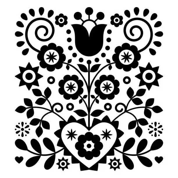 Vector illustration of Floral folk art vector design from Nowy Sacz in Poland inspired by traditional highlanders embroidery Lachy Sadeckie in black and white