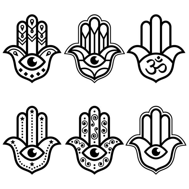  Hamsa Hand With Evil Eyes Simple Diseño geométrico simple Símbolo de protección espiritual Ilustración disponible