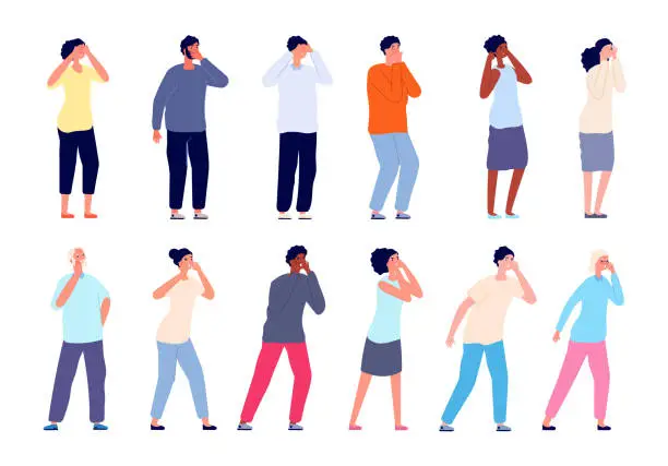 Vector illustration of People screaming. Shouting persons, man woman covering mouth and ears. Adults call, thrilled shy or lost cartoon utter vector characters