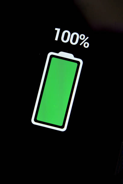energy concept, full charged battery level indicator on a smartphone display.