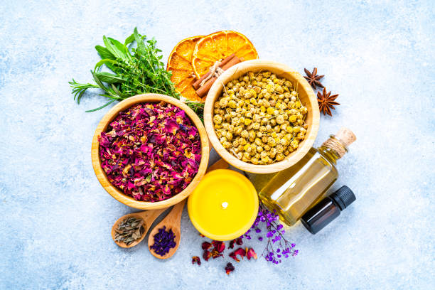 Aromatherapy and herbal medicine Aromatherapy and herbal medicine: group of dried herbal tea leaves, flower petals, essential oils, massage oils, dried orange slices, cinnamon sticks, star anise and herbs shot from above. High resolution 42Mp studio digital capture taken with SONY A7rII and Zeiss Batis 40mm F2.0 CF lens massage oil photos stock pictures, royalty-free photos & images