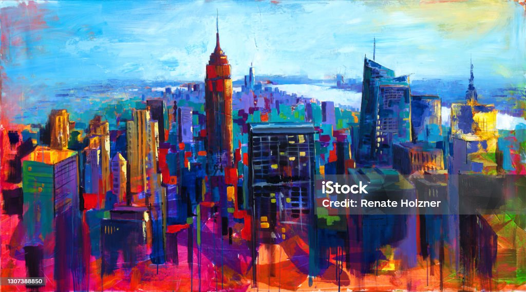 New York Colorful abstract acrylic painting a view over New York New York City stock illustration