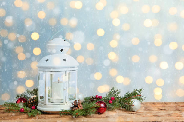 istock Composition with Christmas lantern on wooden table, space for text. Bokeh effect 1307389831