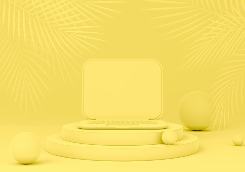 3d illustration with yellow laptop on pedestal. Notebook computer design concept on pastel background with balls and palm leaves. 3D render
