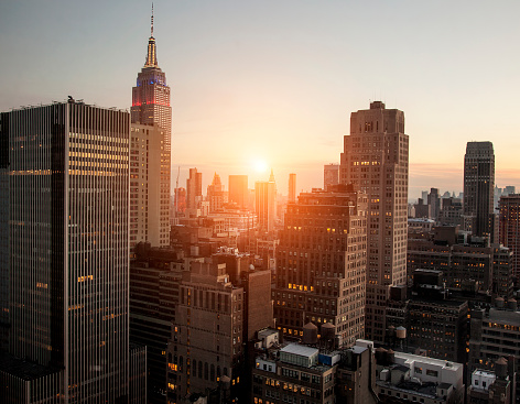 New York city with sunset across horizon