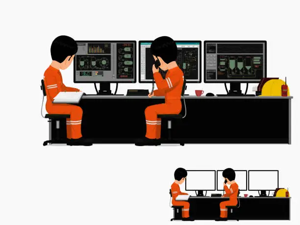 Vector illustration of Two workers are working in control room