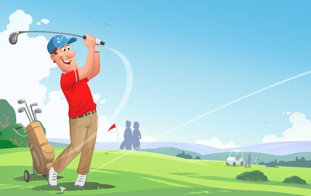 illustrations, cliparts, dessins animés et icônes de homme jouant au golf sur un beau terrain de golf - sports flag golf individual sports sports and fitness