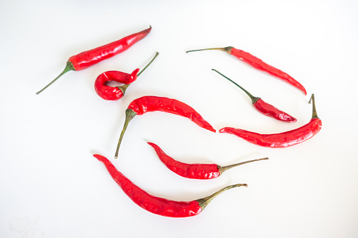 Close up photo of green and red chilli pepper hanging on twig in the farmyard.