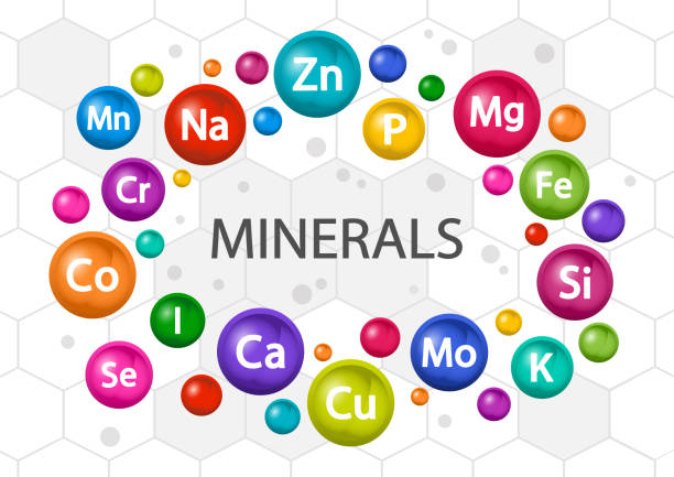 набор минеральных добавок. поливитаминный комплекс для здоровья. витаминные значки. кальций магния цинка железа йода марганца кобальт мед� - zinc stock illustrations