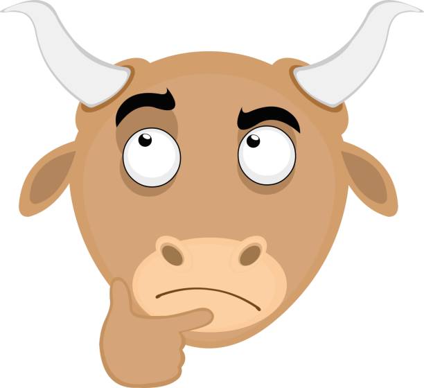 ilustraciones, imágenes clip art, dibujos animados e iconos de stock de ilustración vector de la expresión pensante de la cabeza de un toro con la mano en la barbilla y con un monóculo - cerebro animal