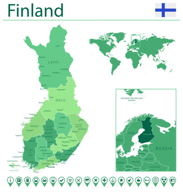 Finland Detailed Map And Flag Finland On World Map Stock Illustration Finland Detailed Map And Flag Finland On World Map 