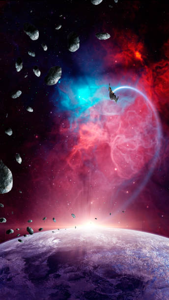 istock Space background. Spaceship flying in colorful violet nebula with planet and asteroid 1307395994