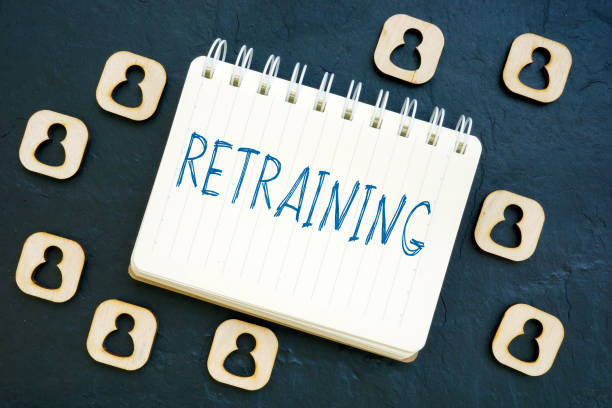 istock Retraining word on the notepad and small figurines. 1307397397