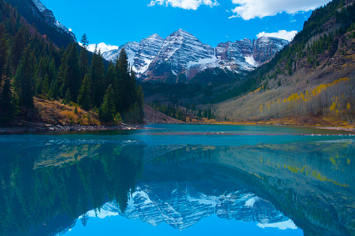 Mountain-Maroon Bells-Aspen Colorado-Reflection in Alpine Lake-Early Morning