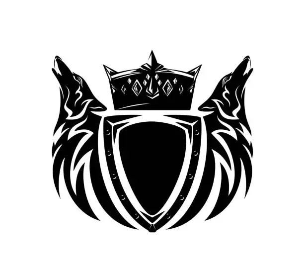 Vector illustration of two howling wolf heads with heraldic shield and royal crown black and white vector heraldic design