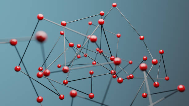 istock Red spheres on blue background, concept of network 1307400096