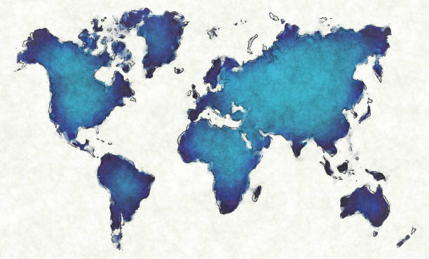 istock World map with drawn lines and blue watercolor illustration 1307401697