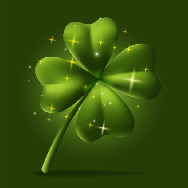 istock Vector illustration of green four leaf clover with shine sparkles on color background. Happy Saint Patricks Day design 1307402284