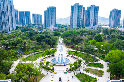 Drone view of beautiful park in Tin Shui Wai