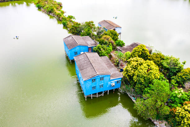 Drone view fish ponds in Hong Kong
