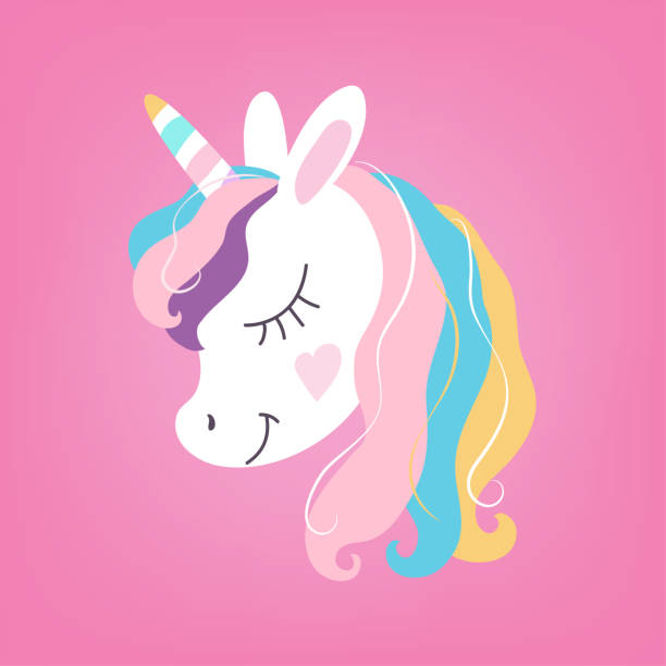 White unicorn vector head. Dreaming horse, pony with magic horn and rainbow mane. Baby girl graphic. White dreaming unicorn vector head on pink background. Cartoon flat baby, child, girl design with rainbow mane and magic horn. dream believe tattoo stock illustrations
