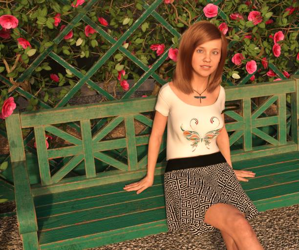 Young woman seated on bench. Person in the image is computer generated by 3D rendering. No model release is needed as the person is fictitious .