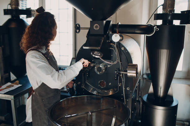 istock Coffee roaster machine and barista with tryer at coffee roasting process 1307406439