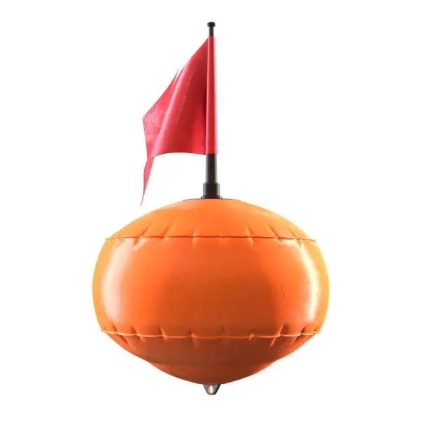 Photo of 3D render of orange diving scuba buoy with flag isolated on white