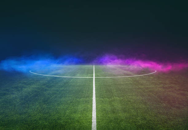 textured soccer game field with neon fog - center, midfield - bola de noite imagens e fotografias de stock