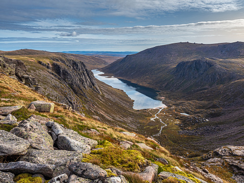 Looking out over the remote and wild Loch A’an (Avon) deep in the Cairngorm National Park, Scotland