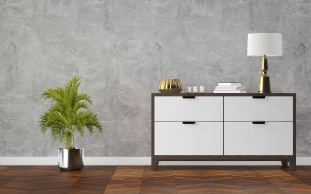 istock Modern scandinavian home interior with design wooden commode and decor. 3d rendering 1307409606