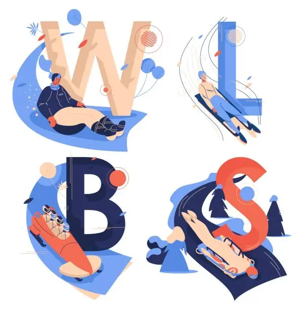 Vector illustration of Capital english letters W for wok racing, B for bobsleigh, S for skeleton sport, L for luge isolated on white. Healthy characters riding down