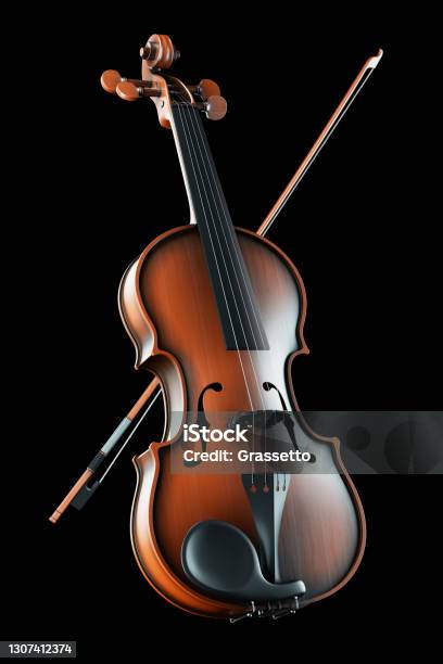 Classic Violin Musical Instrument On Black Background 3d Stock Photo - Download Image Now